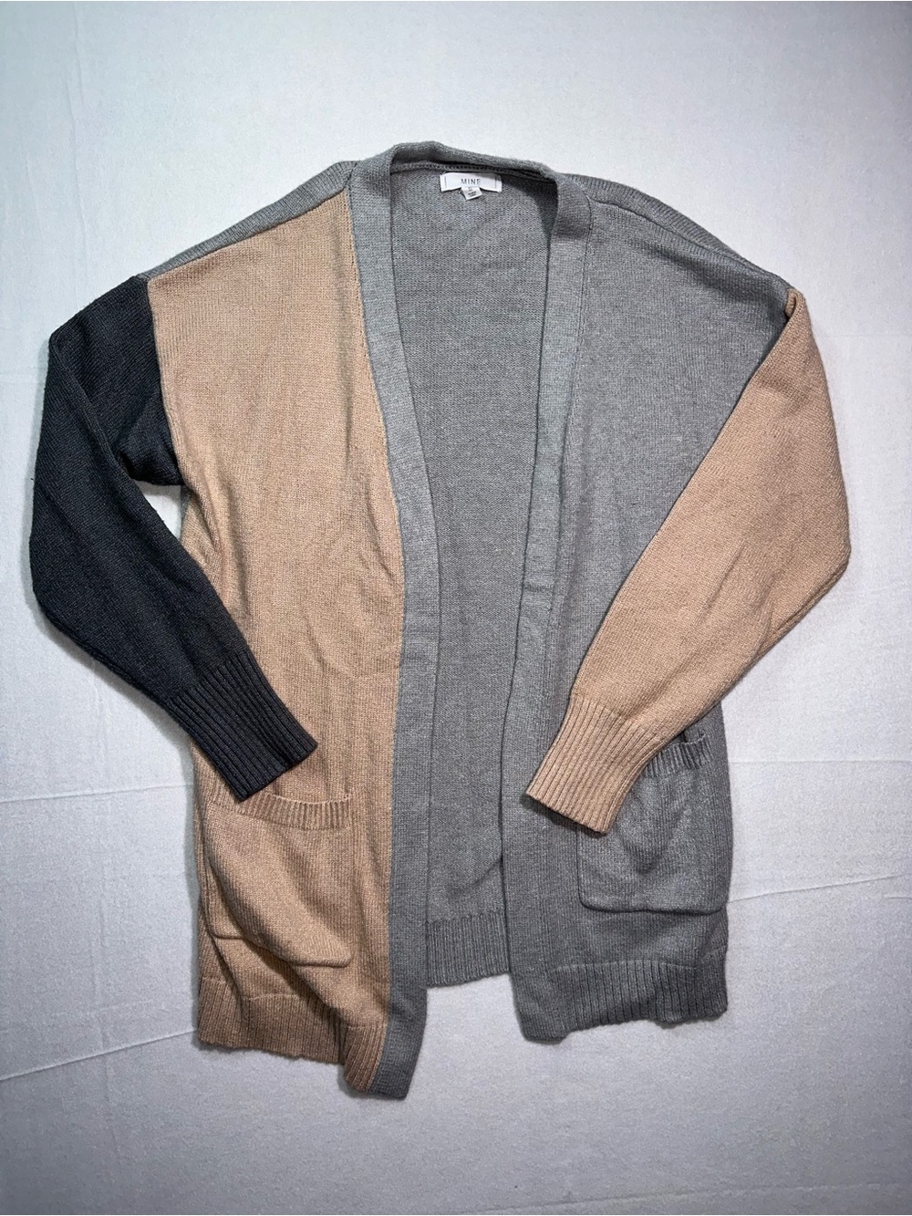 MINE Colorblock Open Front Cardigan Sweater Gray Tan Charcoal Small